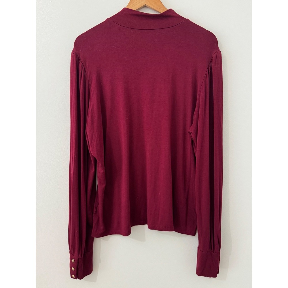 Draper James Burgundy Mock Neck Blouse L Long Sleeve Knit Top Gold Button Cuffs - Picture 2 of 9